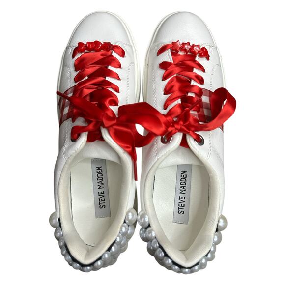 Steve Madden Red White Lace Up Plaid Pearl Valentines Platform Sneaker Size 9.5 - Picture 5 of 8